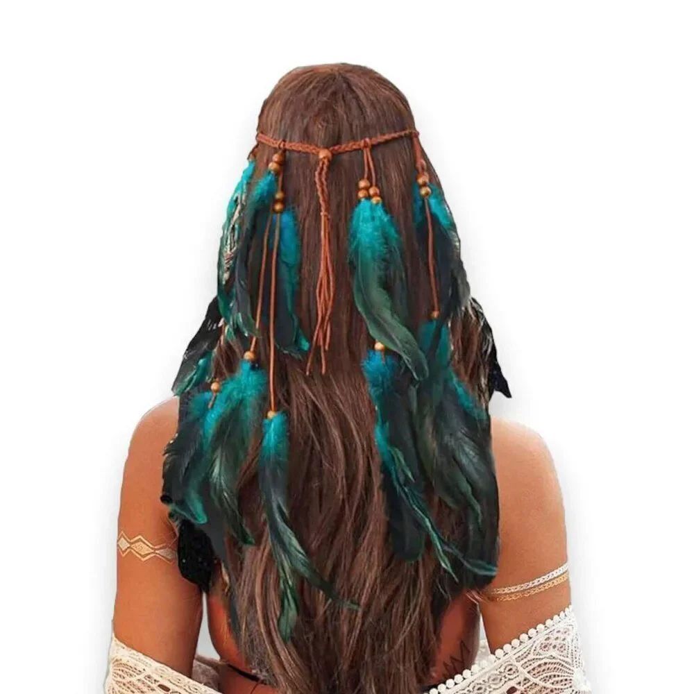 Blue Black Feather Long Headband Western Festival Head Piece